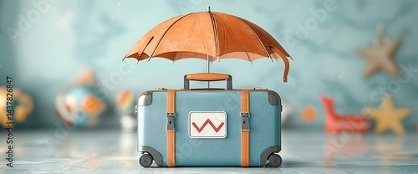 Fototapeta Suitcase protected by umbrella. Symbol for travel insurance with toys in background