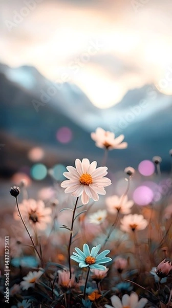 Fototapeta Daisies bloom in a serene field with mountains and bokeh lights in the background