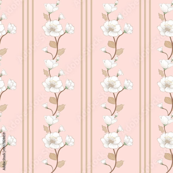 Fototapeta Delicate white floral pattern on a soft pink background with vertical stripes, perfect for wallpaper or fabric design.