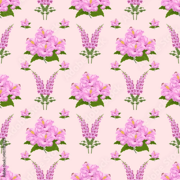 Fototapeta Seamless pattern of pink flowers with green leaves on a soft pastel background, creating a delicate and elegant floral design.