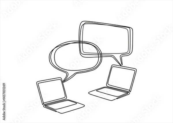 Fototapeta Social network. Continuous one line drawing of laptop and speech bubbles. learning or meeting online with teleconference, video conference remote working , work from home
