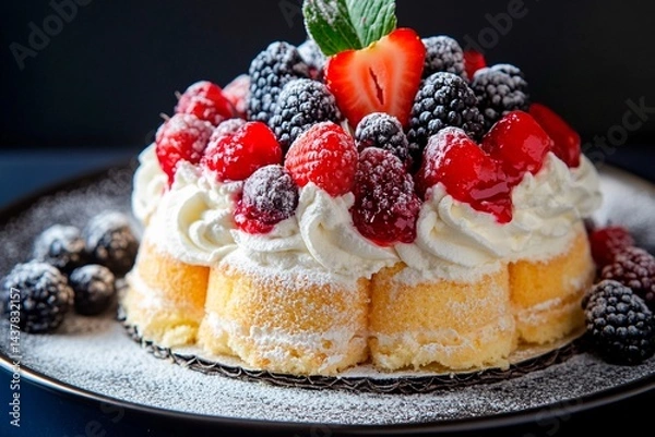 Fototapeta A beautifully crafted cake adorned with an assortment of fresh berries including strawberries, raspberries, and blackberries. Topped with whipped cream and mint, it exudes a tempting look