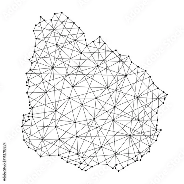 Fototapeta Map of Uruguay from polygonal black lines and dots of vector illustration