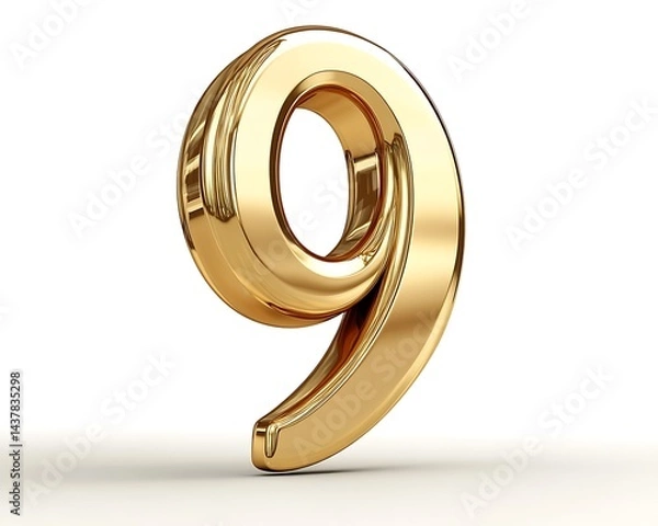 Fototapeta Shiny gold number nine, three-dimensional, isolated on white