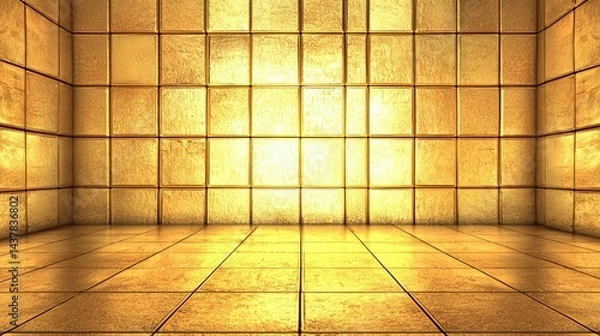 Fototapeta Stunning photorealistic digital rendering of a luxurious gold-textured room corner with square block walls and floor, illuminated by warm, dramatic lighting highlighting metallic