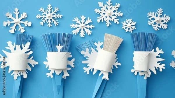 Fototapeta Handcrafted paper snowflakes and brooms flat lay composition on vibrant blue background, symmetrical arrangement in minimalist craft style, white and blue paper textures, cheerful