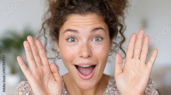 Obraz A close-up portrait of an excited woman with her mouth open, looking at the camera and waving to something she is happy about in front of a blurred living room background. The scen