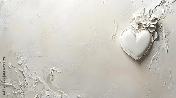 Fototapeta White Heart with Floral Decor, and Beige Background.