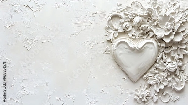 Fototapeta White heart with floral relief, and textured background.