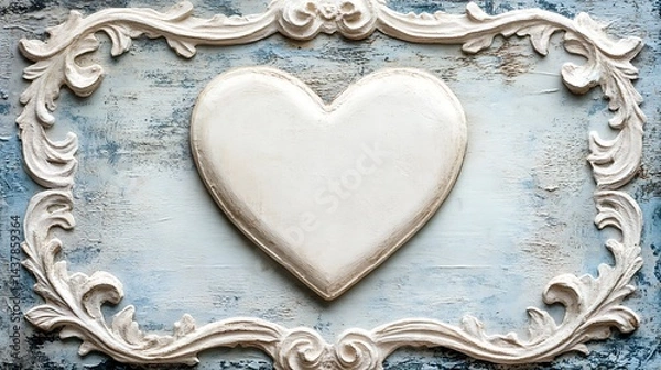Fototapeta White Heart with Ornate Frame, and Blue Background.