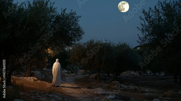 Obraz A traveler strolls through a quiet olive grove illuminated by the bright light of a full moon. The peaceful atmosphere evokes a sense of calm and reflection in the night