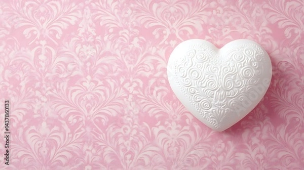 Fototapeta White heart with pink damask background.