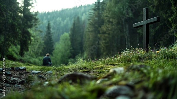 Fototapeta A person sits quietly on lush green grass near a wooden cross surrounded by vibrant wildflowers, immersed in reflection amidst a tranquil forest at dawn with soft sunlight filtering through trees