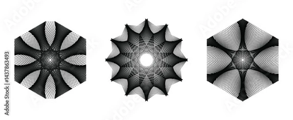 Fototapeta Vector illustration set featuring hexagonal geometric flower designs with line art, including the seed of life and lotus symbols. a floral patterns, blending spiritual and artistic elements.