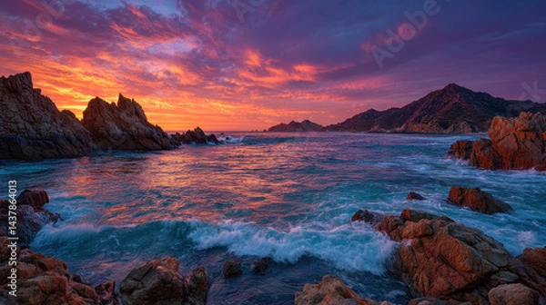 Fototapeta Windswept coastline reveals dramatic cliffs and crashing waves under a vibrant sunset sky of deep oranges, pinks, and purples