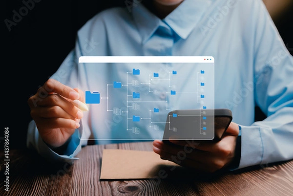 Fototapeta Modern Technology Interface with Hand Using Transparent Tablet Display, business concept