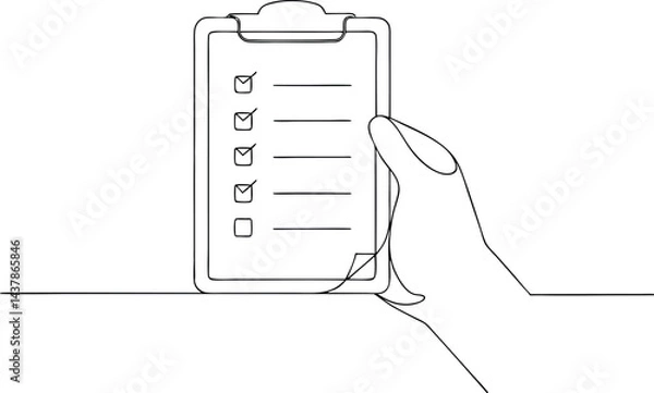 Fototapeta one line drawing of a clipboard with checklist held by a hand in black and white vector art illustration