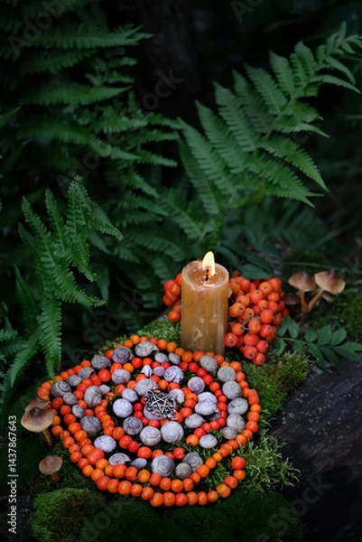 Obraz Burning candle, pentacle amulet, spiral made of snail shells and rowan berries in forest. Magic ritual, Witchcraft. Wiccan esoteric practice with natural mandala for protective, positive spirit