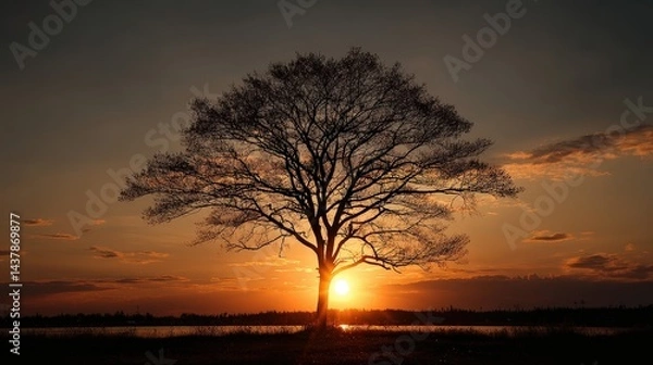 Obraz Golden sun setting behind a silhouette tree nature landscape photographic art evening glow captivating scene