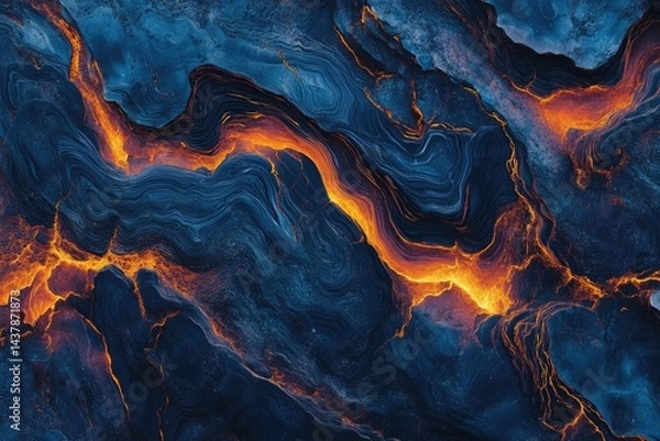 Fototapeta Abstract artwork depicting a fiery, flowing lava stream within a dark, textured landscape.