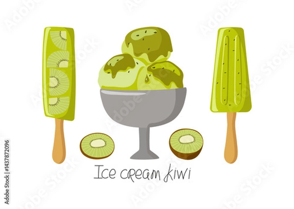 Fototapeta Kiwi Fruit Ice Cream set. Summer cold, frozen juice, fruit ice. Green ice cream with cream. Handwritten lettering. Color illustration, cooking, food, cool dessert.