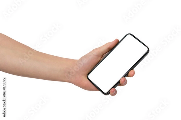 Obraz Caucasian Male hand holding smartphone with blank screen, PNG isolated on transparent background