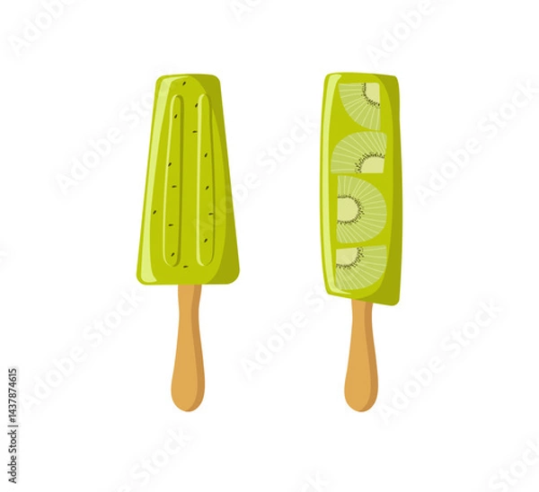Fototapeta Fruit ice cream set, kiwi. Summer cold, frozen juice, fruit ice. Green ice cream, vegetarian food. Color illustration, cool dessert. Background isolated.