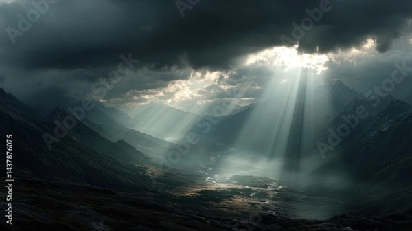 Fototapeta Sunlight streaming through mountains nature landscape realistic photograph dramatic environment scenic view illuminative concept