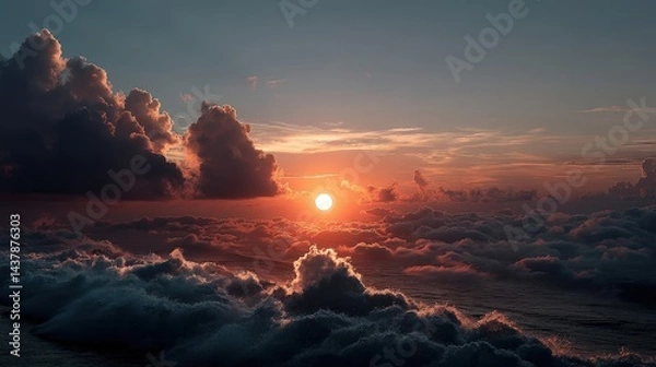 Fototapeta Sunrise action over clouds ocean view realistic photograph nature environment symbolizing new beginnings