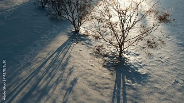 Fototapeta Golden hour shadows open field photography natural landscape aerial view tree silhouettes