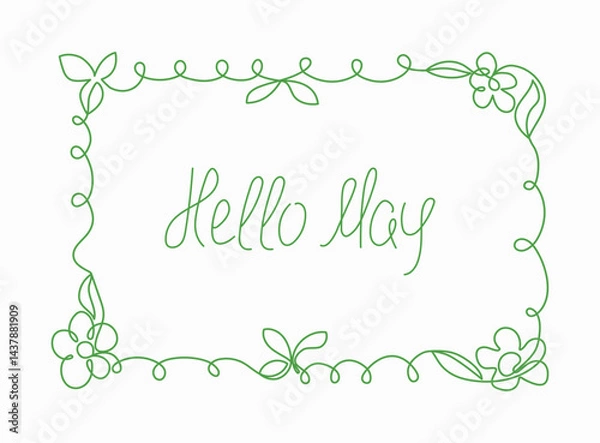 Fototapeta Abstract ornament, hand lettering banner. Hello May. Simple frame, plant border. Flowers, leaves, spirals, lines, curls. Drawing, line art. color isolated background.