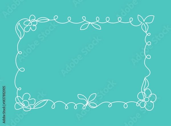 Fototapeta Abstract ornament. Simple frame, plant border. Flowers, leaves, spirals, lines, curls. Drawing, line art. Banner, a place for text. Color isolated background.