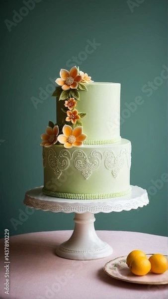 Fototapeta A Delicate Two-Tiered Cake with Floral Accents, Adorned with Intricate Piping, Resting on a Stand with Citrus Fruits Nearby.