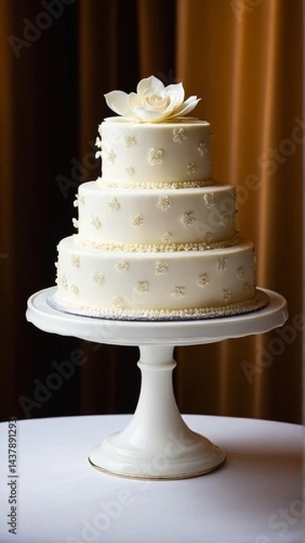 Fototapeta Elegant Three-Tiered Cake Adorned with Floral Details, Topped with a Stunning White Flower, Set Against a Graceful Backdrop.