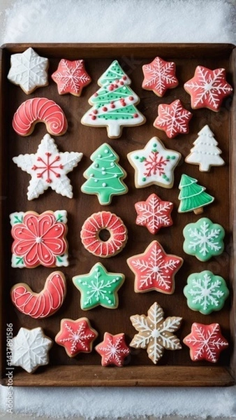 Fototapeta Festive Array: A Collection of Holiday Sugar Cookies in a Wooden Tray, Perfect for Sharing and Spreading Christmas Cheer.