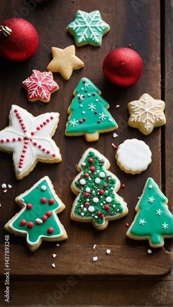Fototapeta Festive Christmas Delights: A Beautiful Arrangement of Decorated Sugar Cookies with Ornamental Baubles on a Rustic Wood Surface.