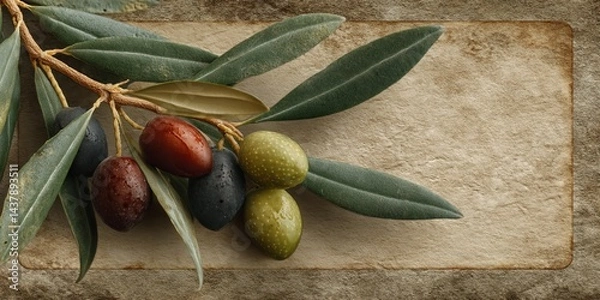 Obraz Elegant olive themed background with realistic olive oil texture and olives frame, blank white center space for scrapbooking, journaling, invitations, or creative projects.