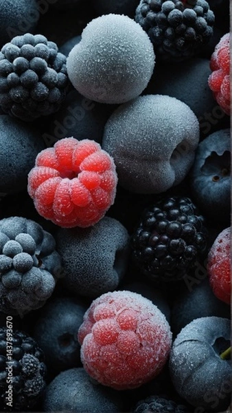 Fototapeta A Frosty Medley: Close-Up of Frozen Assorted Berries Capturing Their Wintery Beauty, Offering a Delicious and Visually Stunning Treat.