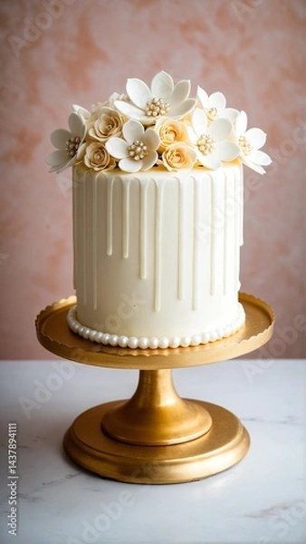 Fototapeta Elegant Celebration Cake: A Creamy Dream Adorned with Delicate Flowers, Drips, and Pearl Details on a Golden Stand.