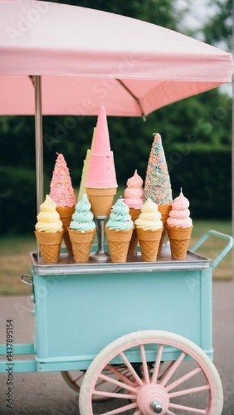 Fototapeta A whimsical ice cream cart with a colorful array of frozen treats, perfect for a sunny day and delightful indulgence.