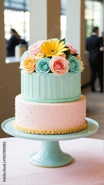 Fototapeta Two-tiered Delight: A Pastel-Colored Cake Adorned with Elegant Floral Toppings on a Lovely Cake Stand.