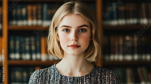 Fototapeta Focused student studying in library editorial style photography academic environment natural light