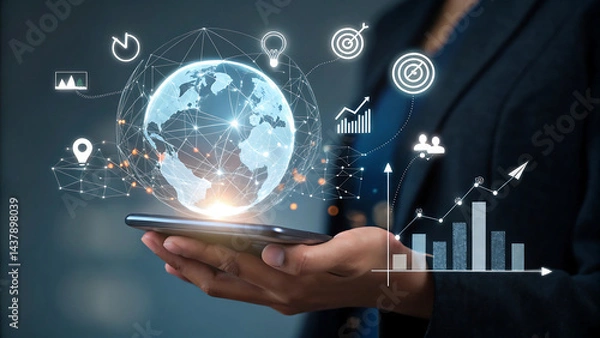 Obraz Smartphone with Holographic Globe, Digital Business Icons, Global Connectivity"
