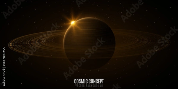 Fototapeta Galaxy science fiction background. Planet Saturn with ring around and glowing sun. Abstract deep cosmos concept. Black outer space. Scientific research presentation backdrop. Vector illustration