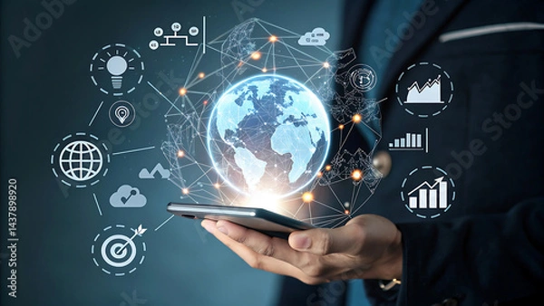 Obraz Smartphone with Holographic Globe, Digital Business Icons, Global Connectivity"
