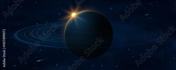 Fototapeta Cosmic science background. Abstract blue planet Saturn with ring around and glowing sun. Deep cosmos concept. Black outer space. Scientific presentation backdrop. Vector illustration