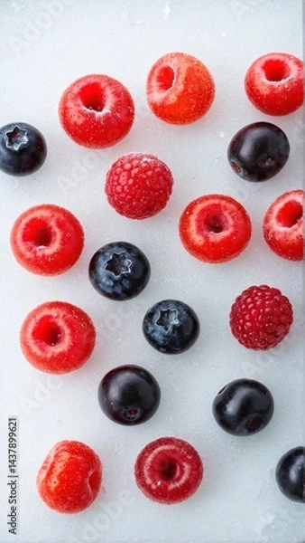 Fototapeta Refreshing Assortment: A Collection of Juicy Berries, Strawberries and Blueberries Arranged on a White Surface, Displaying a Colorful and Appetizing Composition.