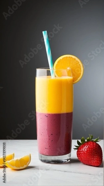 Fototapeta Vibrant Layers of Deliciousness: A Refreshing Two-Tone Smoothie with Orange and Strawberry Garnish on a Marble Surface.