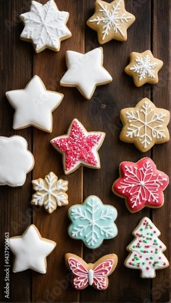 Fototapeta Festive Holiday Treats: A Delightful Collection of Decorated Cookies Arranged on a Warm Rustic Wooden Surface, Ready to be Enjoyed.
