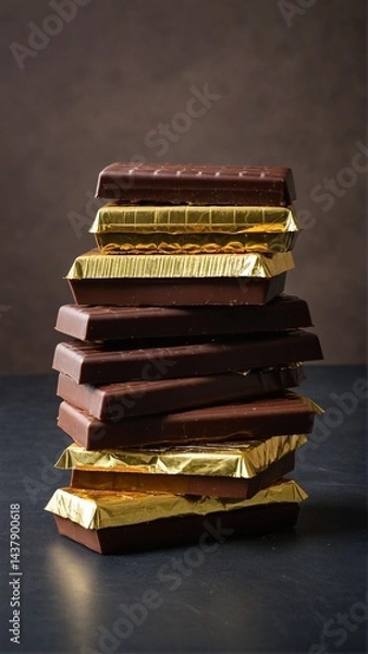 Fototapeta Tempting Tower of Unwrapped Dark Chocolate Bars Interspersed with Golden Wrapped Treats Against a Warm Backdrop.